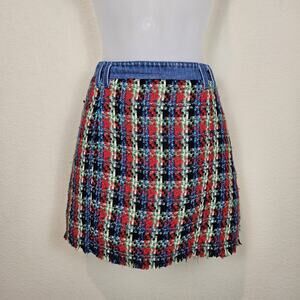 Bershka Tweed Denim Skirt Fringe Boho Jean Mini Cottage Plaid Academia Womens L